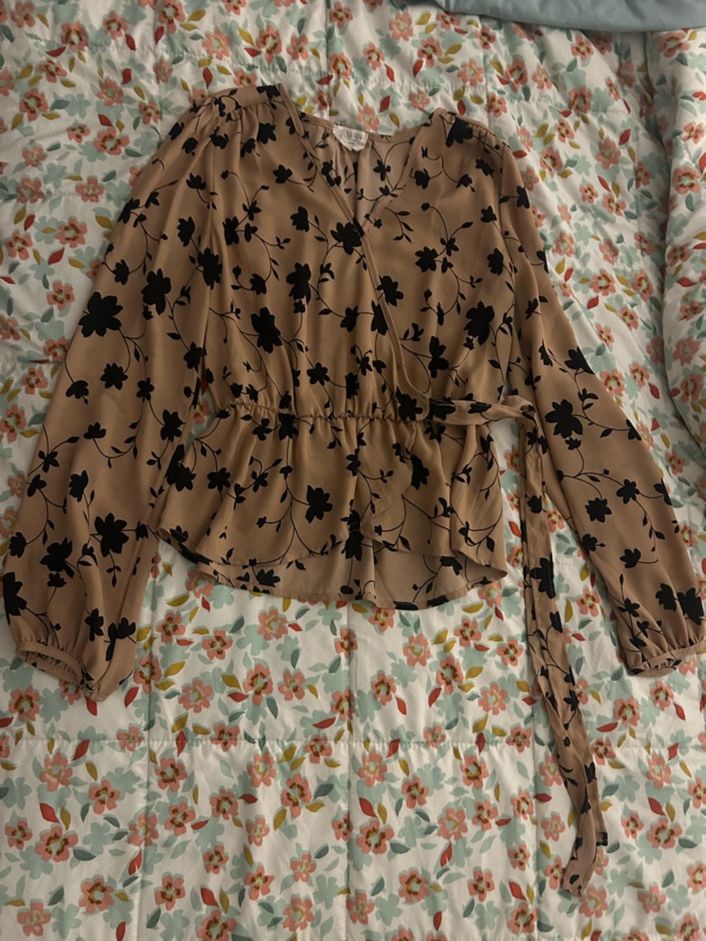 Sienna Sky Tan Wrap Blouse with Black Floral Print